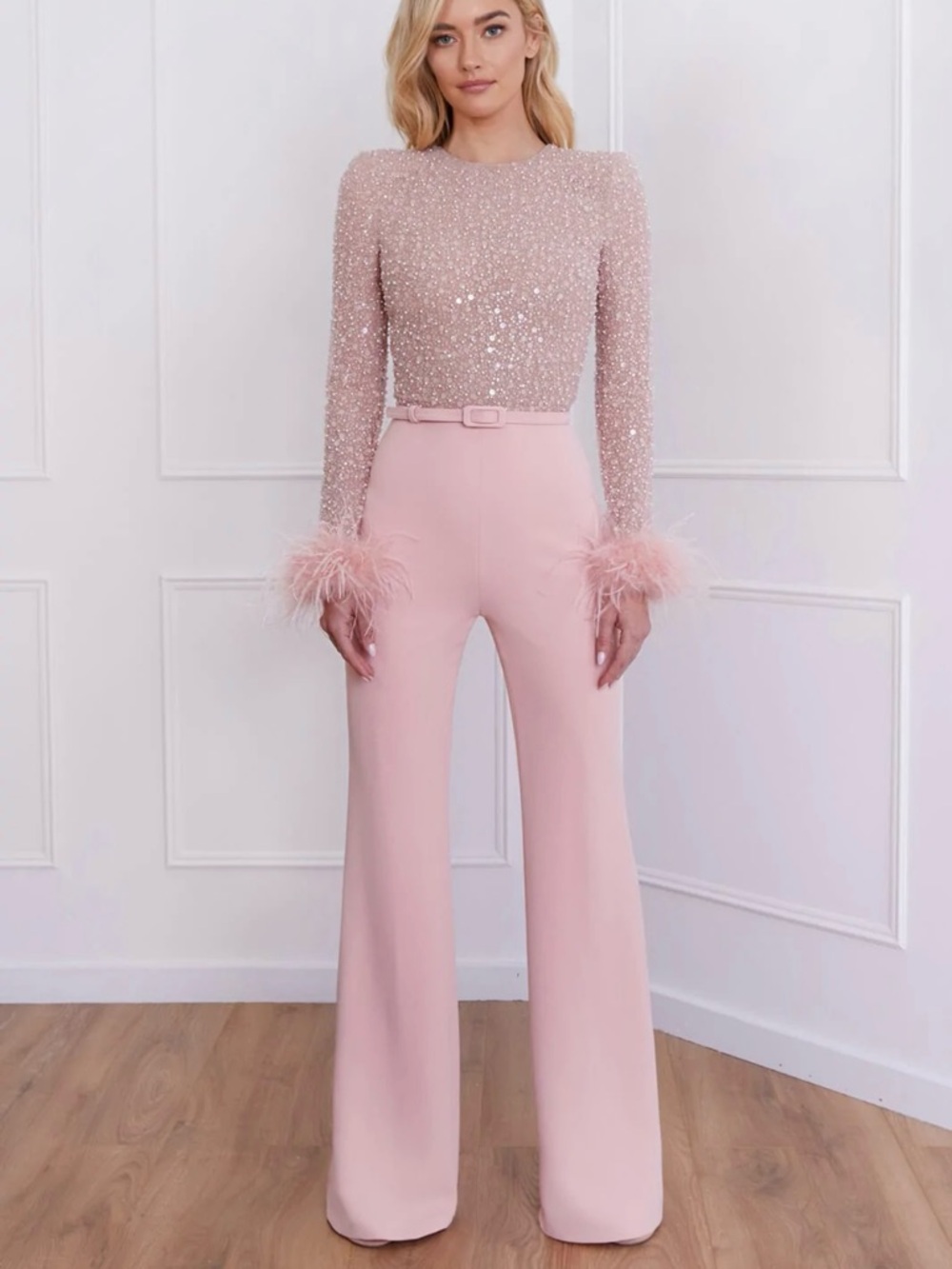 NADINE MERABI Pink Sequin Bodice Feather-Cuff Wide-Leg Jumpsuit